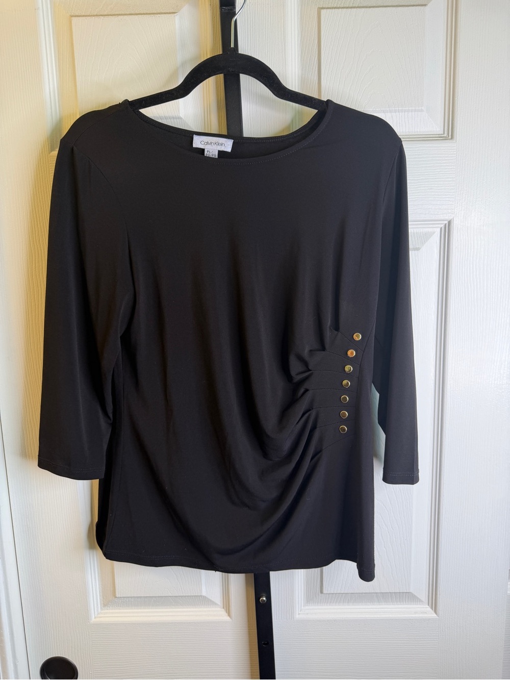 Calvin Klein Black 3/4 Sleeve Side-Ruched Top with Gold Buttons, Petite Large